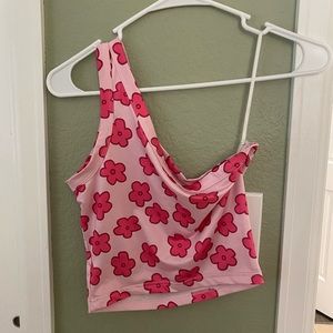Pink One Shoulder Flower Crop Tank